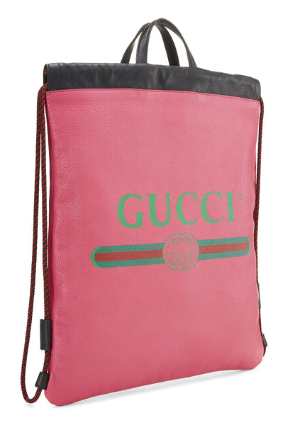 Gucci, Pre-Loved Pink Leather Logo Drawstring Backpack, Pink