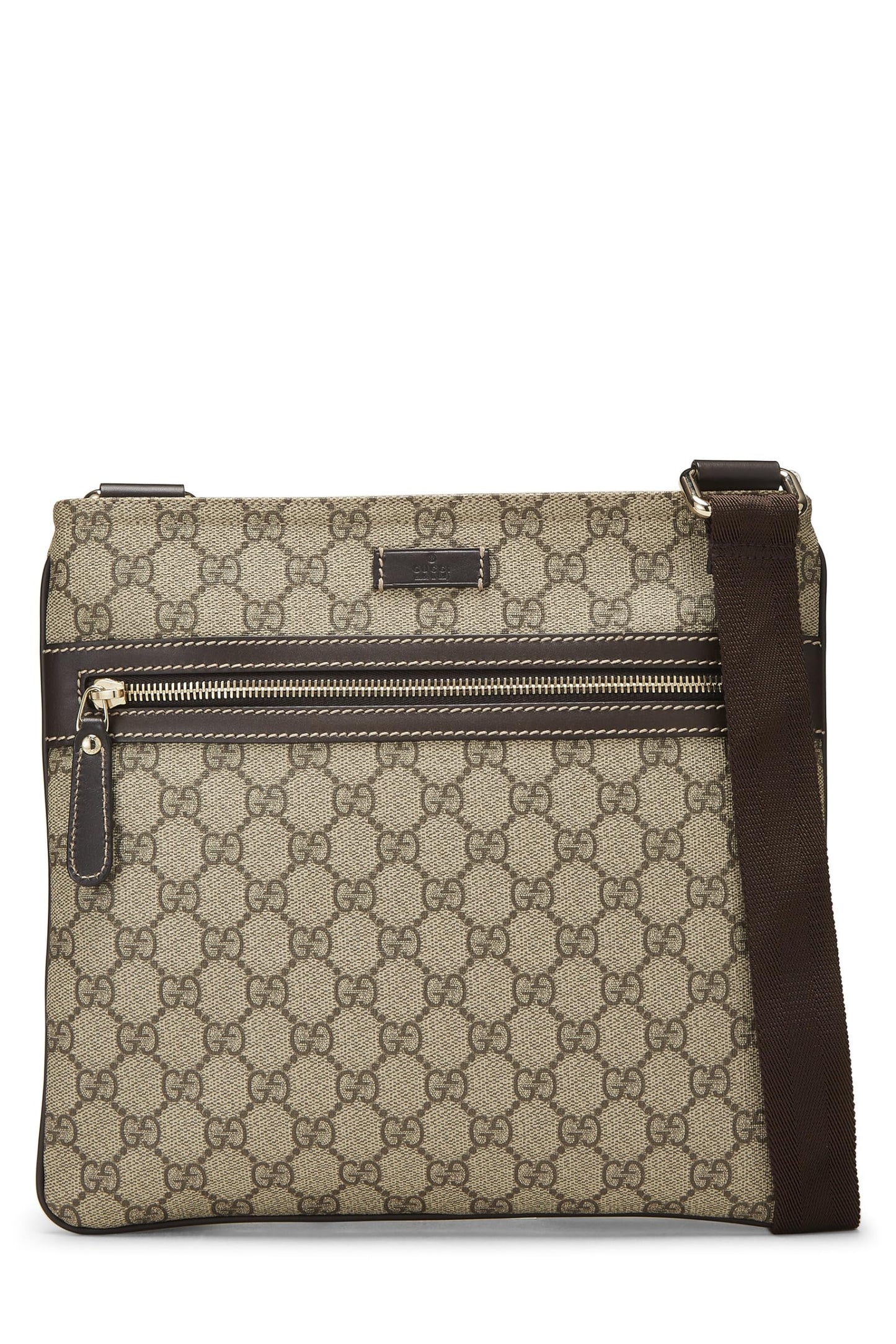 Gucci, sac messager plat en toile GG Supreme d'origine d'occasion, marron