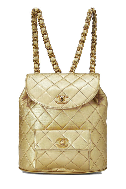 Chanel, Pre-Loved Metallic Gold Quilted Leather Classic Backpack Mini, Gold