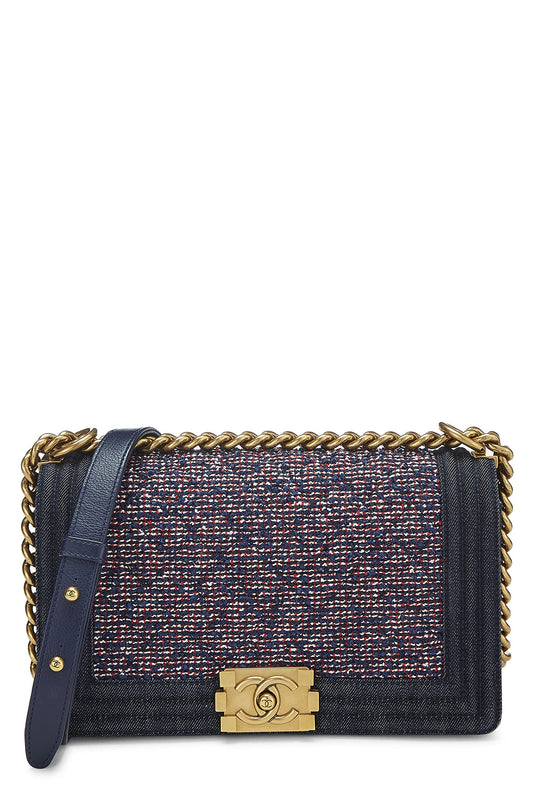 Chanel, sac Boy Bag Medium en denim bleu marine et rouge d'occasion, multicolore