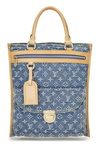 Louis Vuitton, sac cabas plat en denim monogrammé bleu d'occasion, bleu