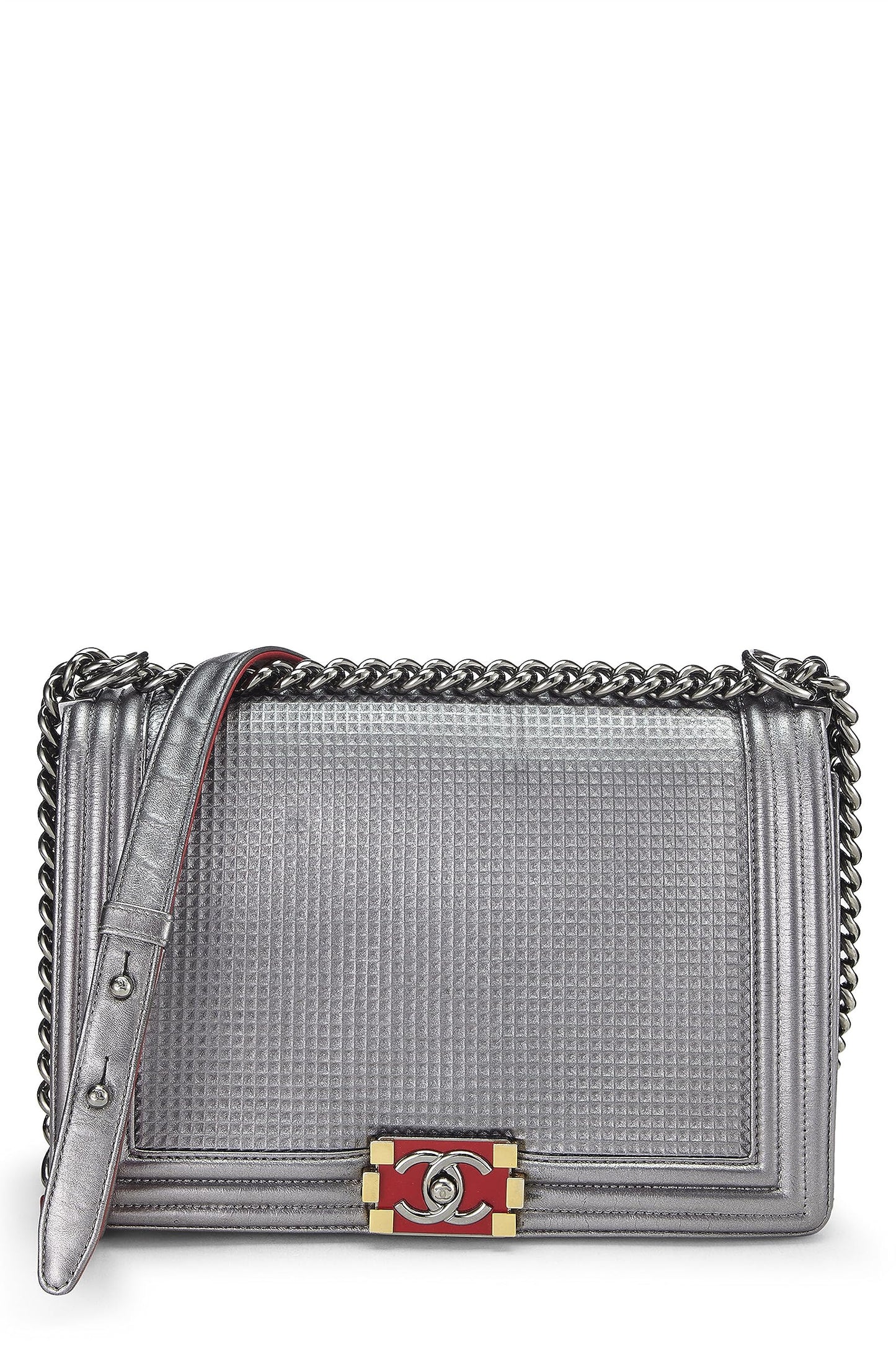 Chanel, Pre-Loved Silver Cube Embossed Calfskin Boy Bag Medium, Silver