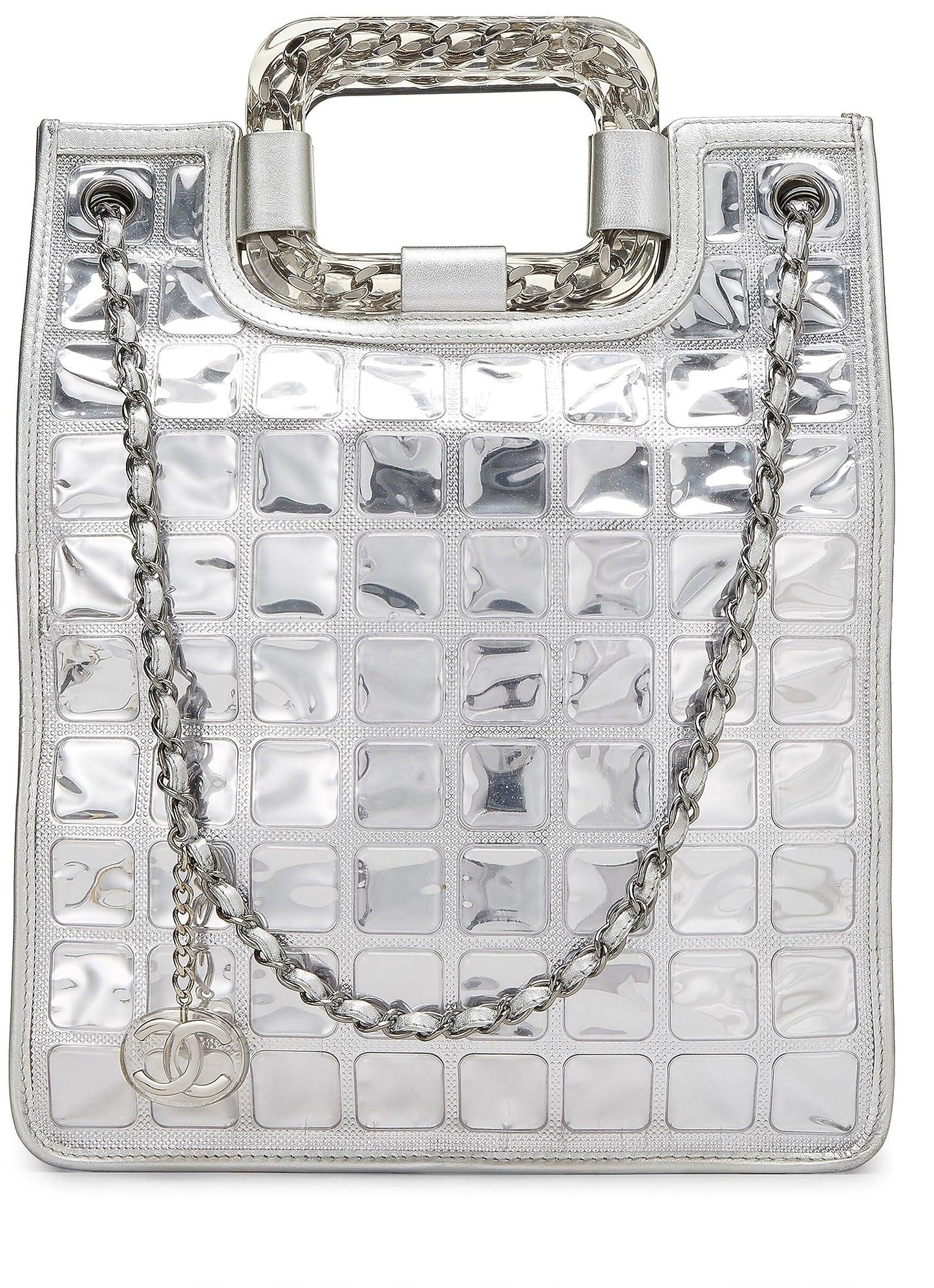 Chanel, sac cabas Ice Cube en cuir matelassé métallisé argenté d'occasion, argent