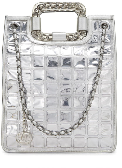 Chanel, Pre-Loved Metallic Silver Quilted Leather Ice Cube Shopping Tote, Silver