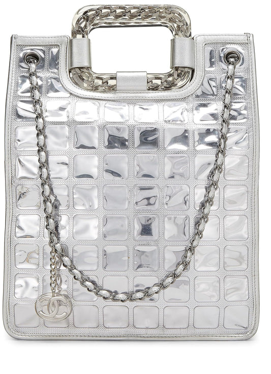 Chanel, Pre-Loved Metallic Silver Quilted Leather Ice Cube Shopping Tote, Silver