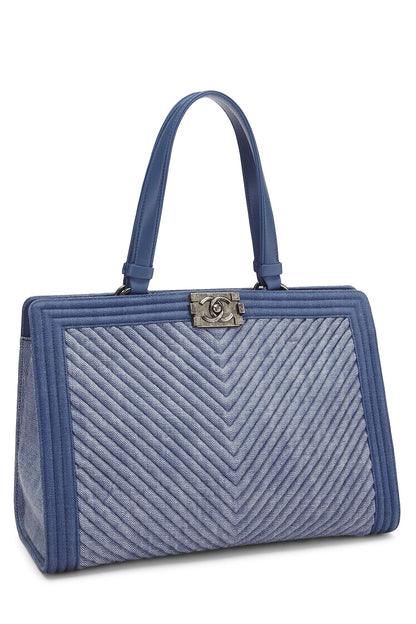 Chanel, Pre-Loved Blue Denim Chevron Boy Shopping Tote Large, Blue