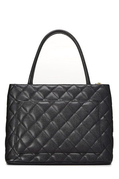 Chanel, sac fourre-tout matelassé noir à médaillon en caviar d'occasion, noir