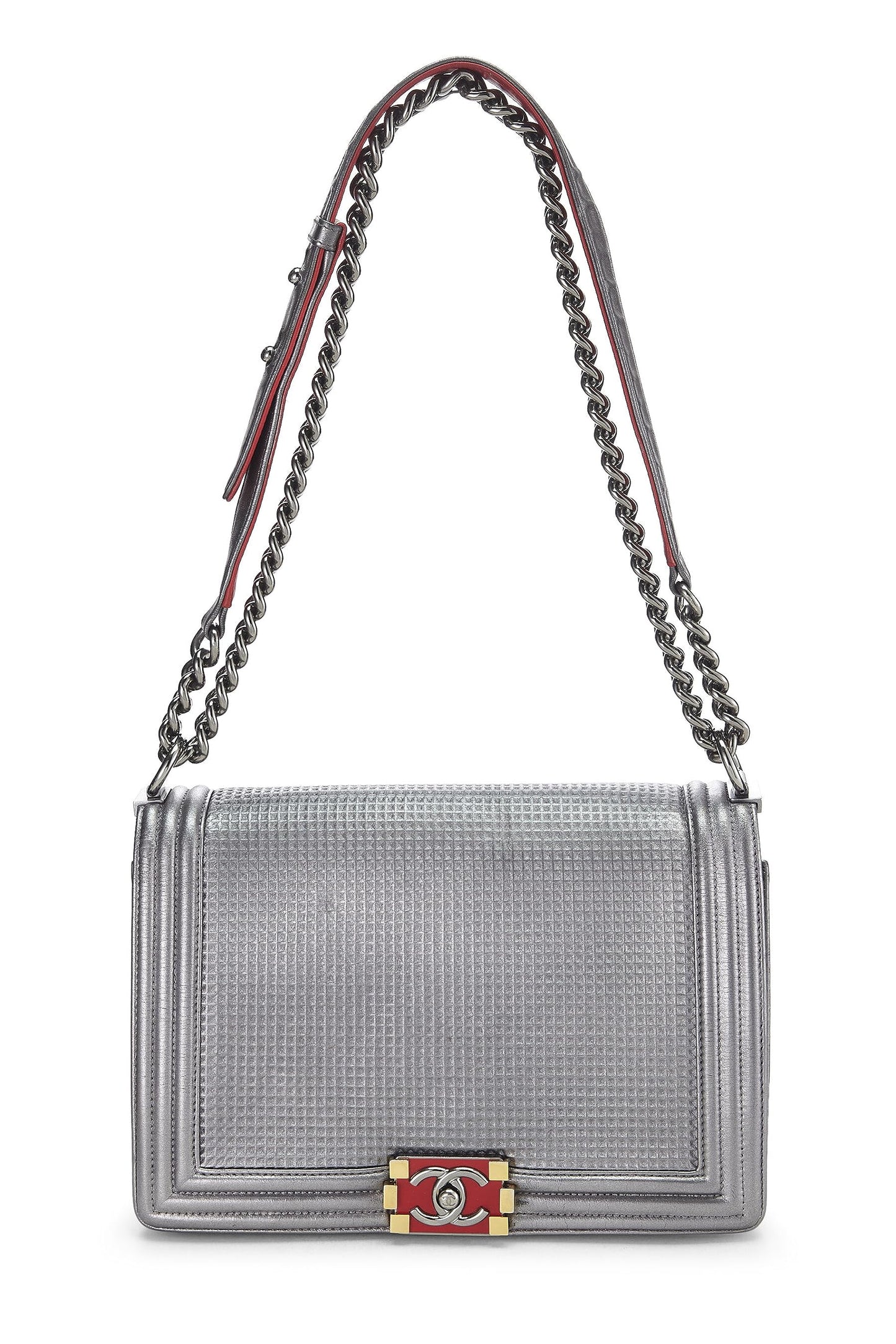 Chanel, Pre-Loved Silver Cube Embossed Calfskin Boy Bag Medium, Silver