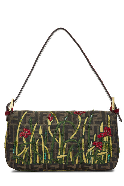 Fendi, Pre-Loved Brown Zucca Canvas Embroidered Baguette, Red