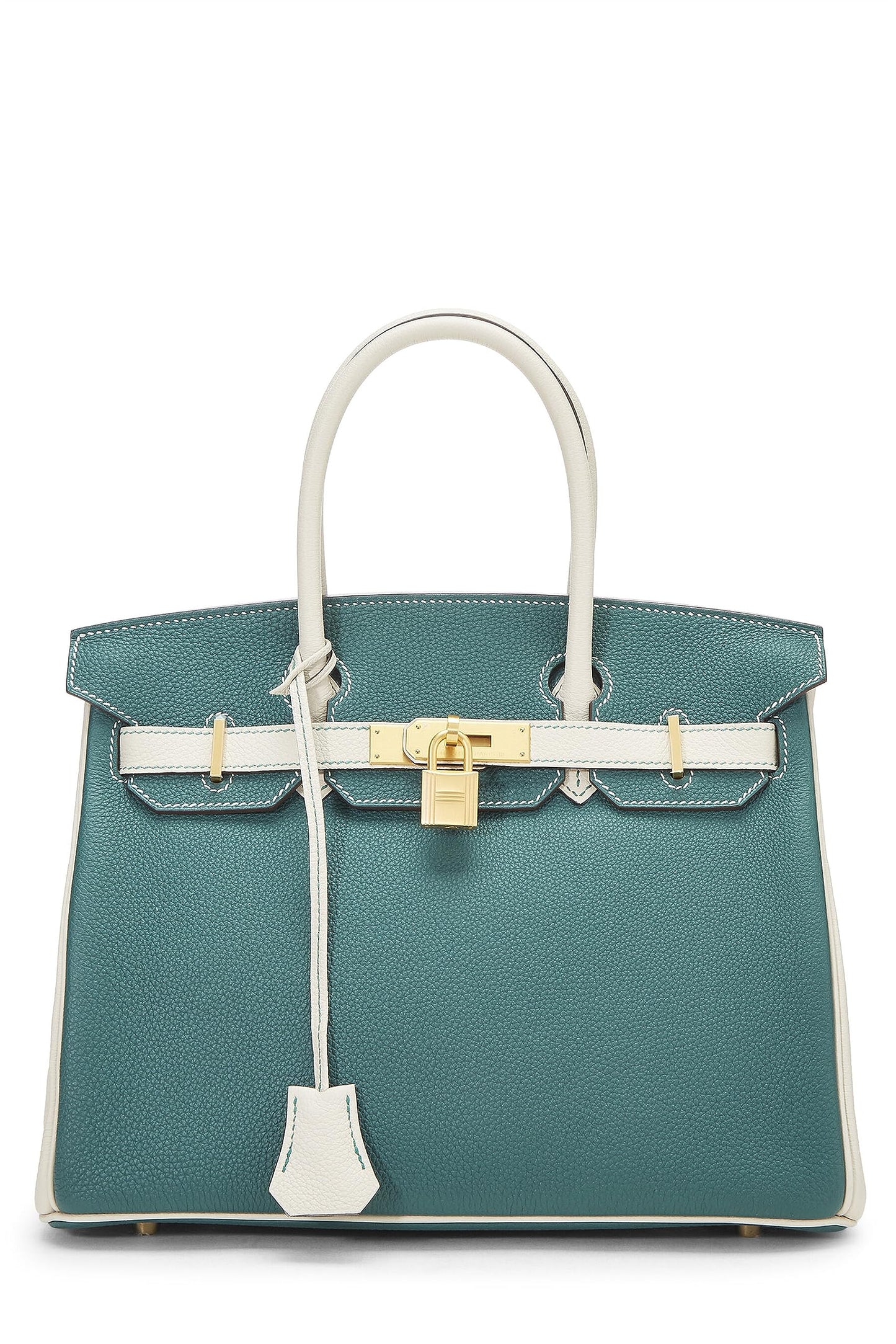 Hermès, Pre-Loved Malaquita y Nata Clemence Herradura Birkin 30, Malaquita