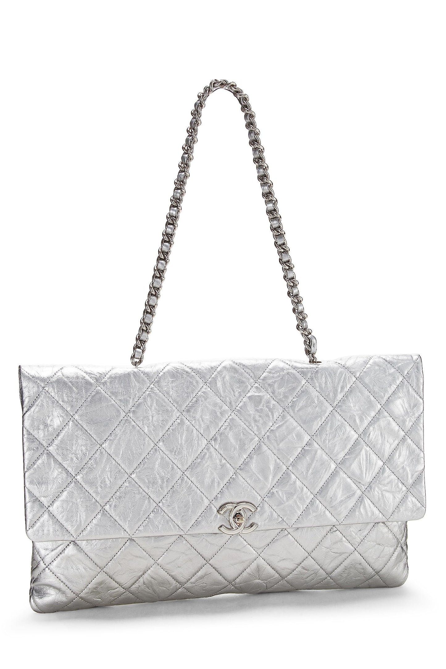 Chanel, sac à rabat Big Bang en cuir de veau matelassé métallisé argenté d'occasion, grand modèle, argent