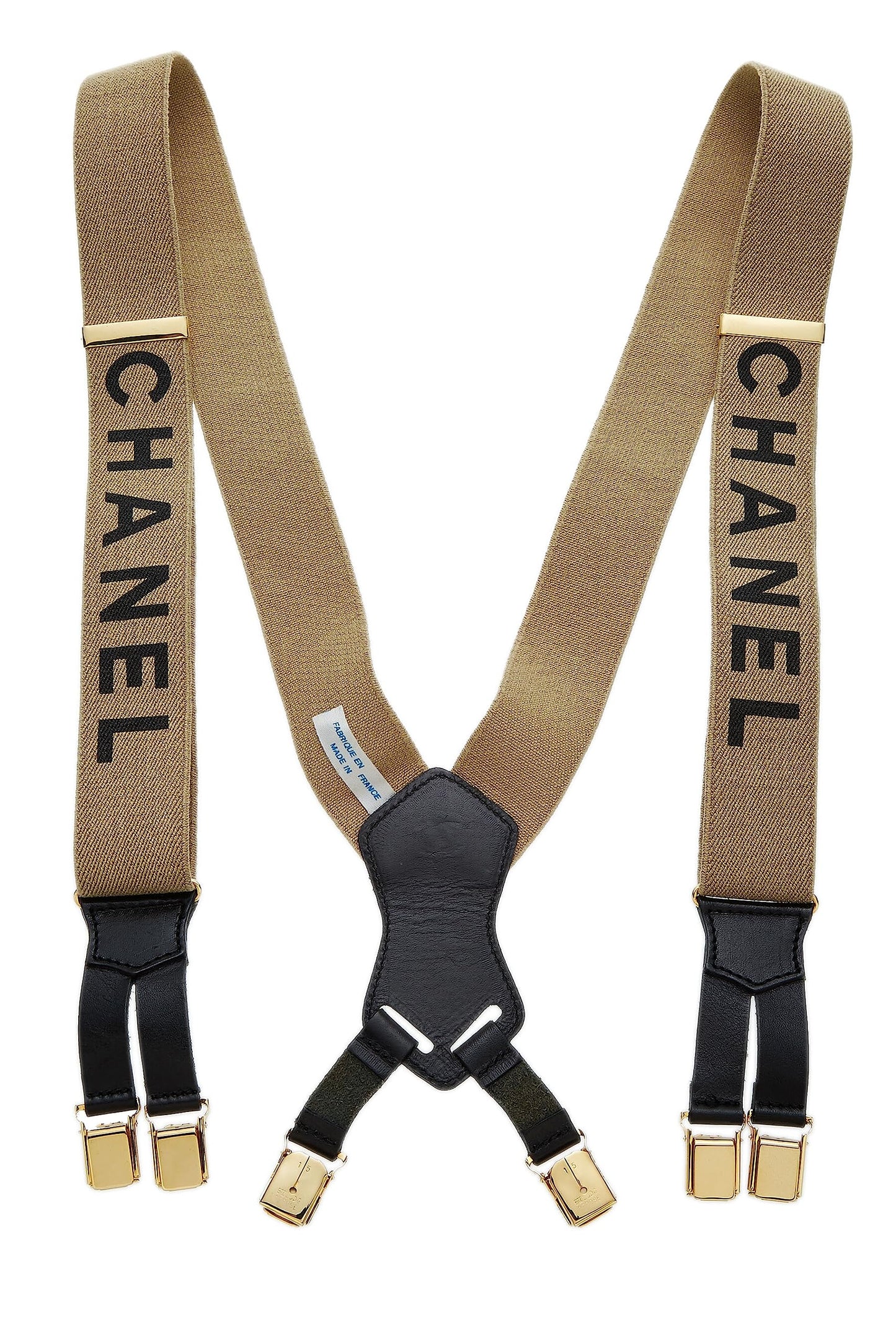 Chanel, Pre-Loved Beige Elastic Logo Suspenders, Beige