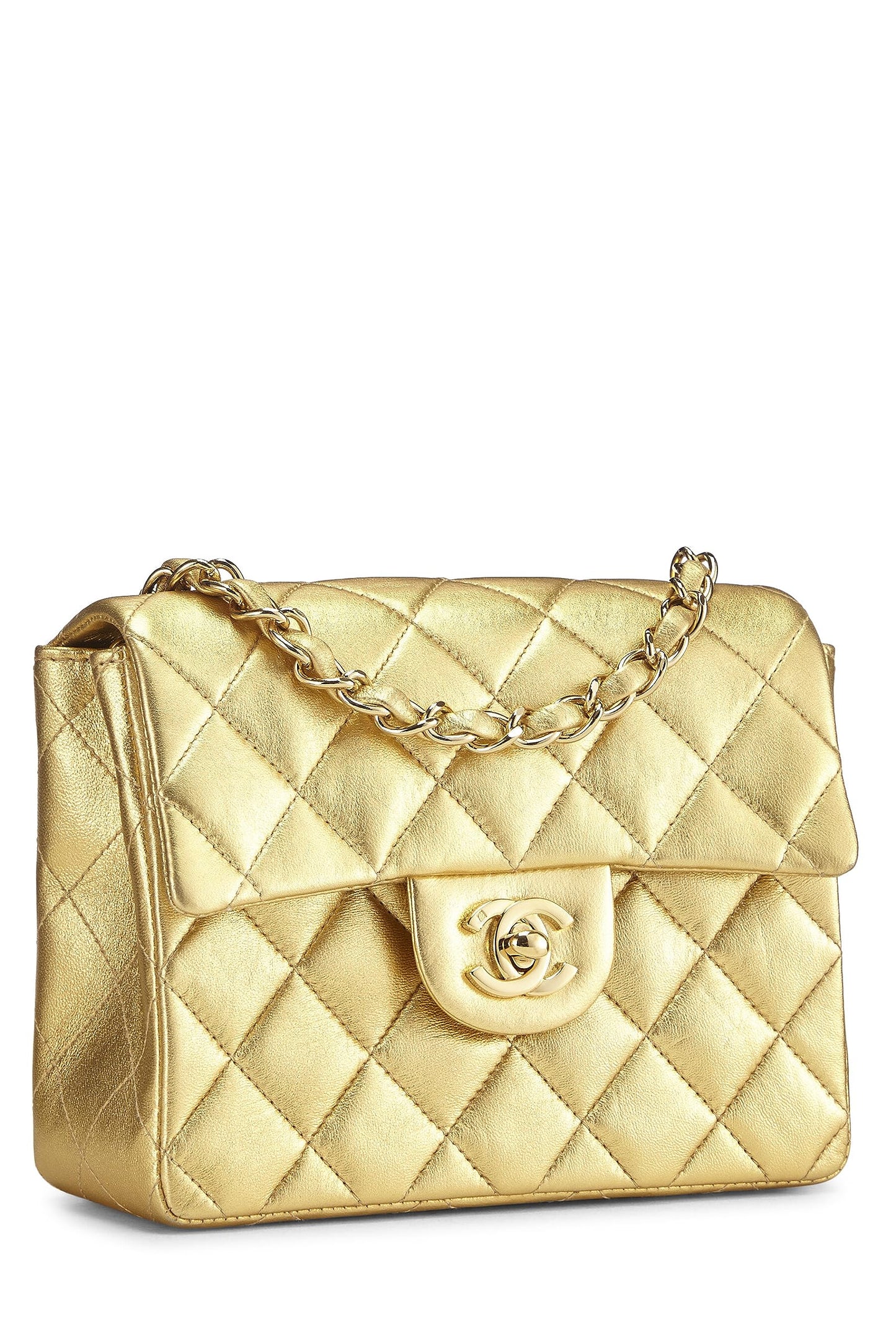 Chanel, Bolso cuadrado con solapa y piel de cordero acolchada en oro Pre-Loved, Dorado