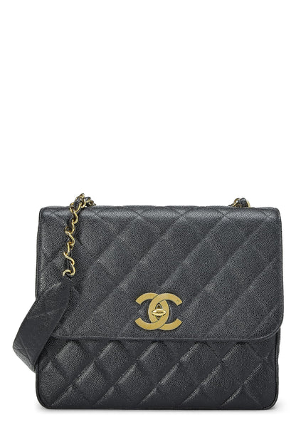 Chanel, sac à rabat carré Big CC Black Caviar d'occasion, grand modèle, noir