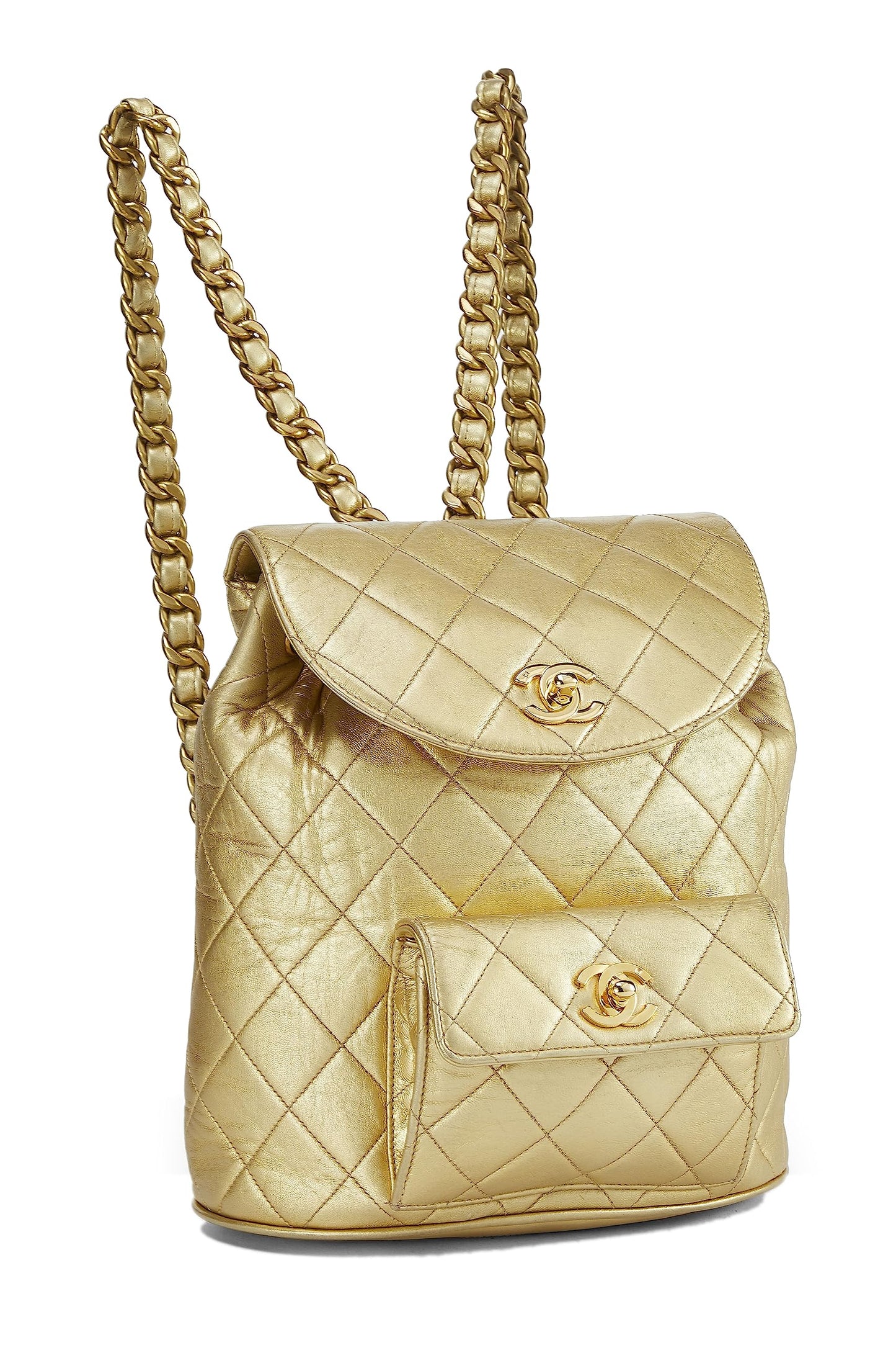 Chanel, Mochila clásica mini de cuero acolchado en oro metalizado Pre-Loved, Dorado