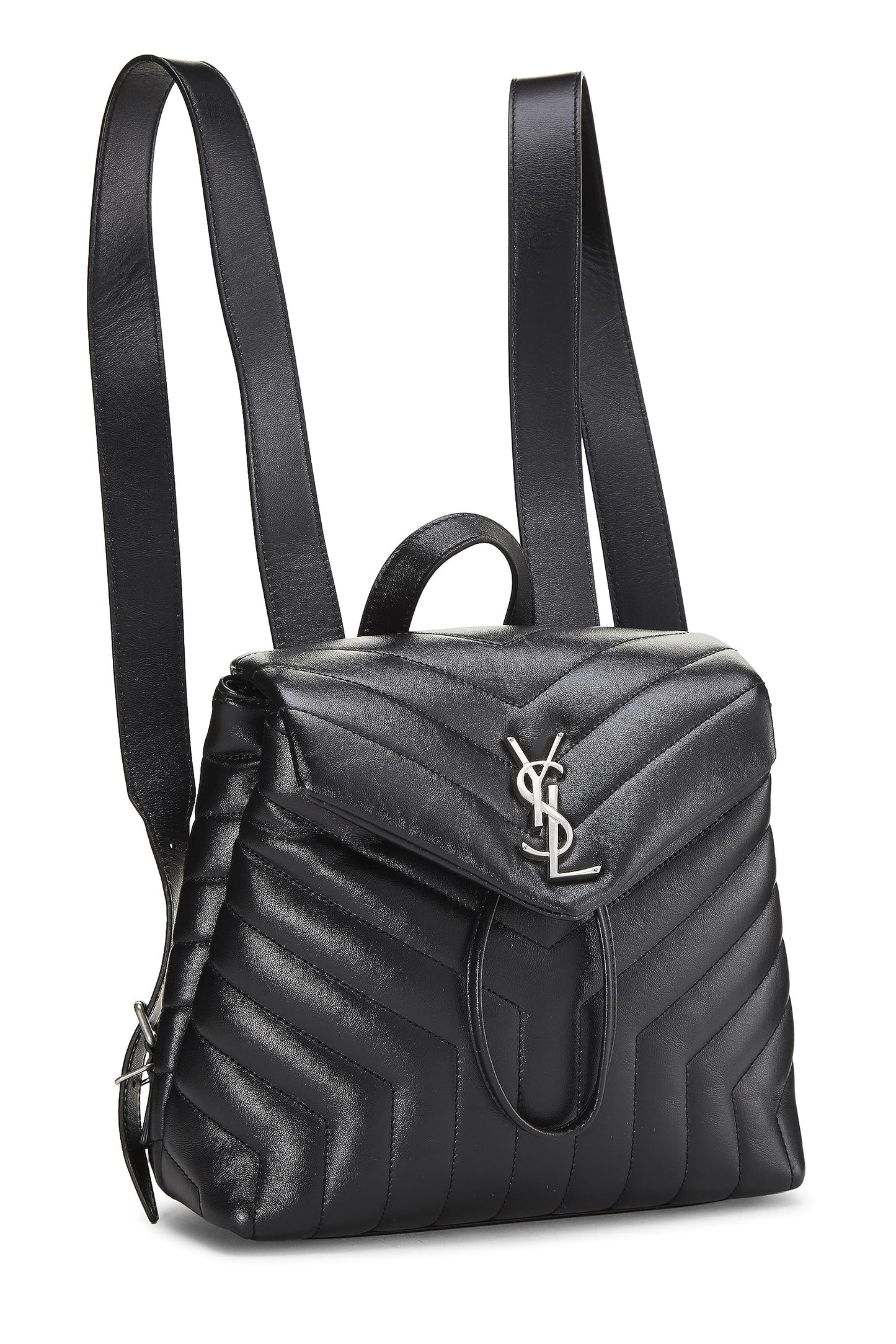 Yves Saint Laurent, Mochila Loulou pequeña con monograma de piel de becerro negra Pre-Loved, Negro