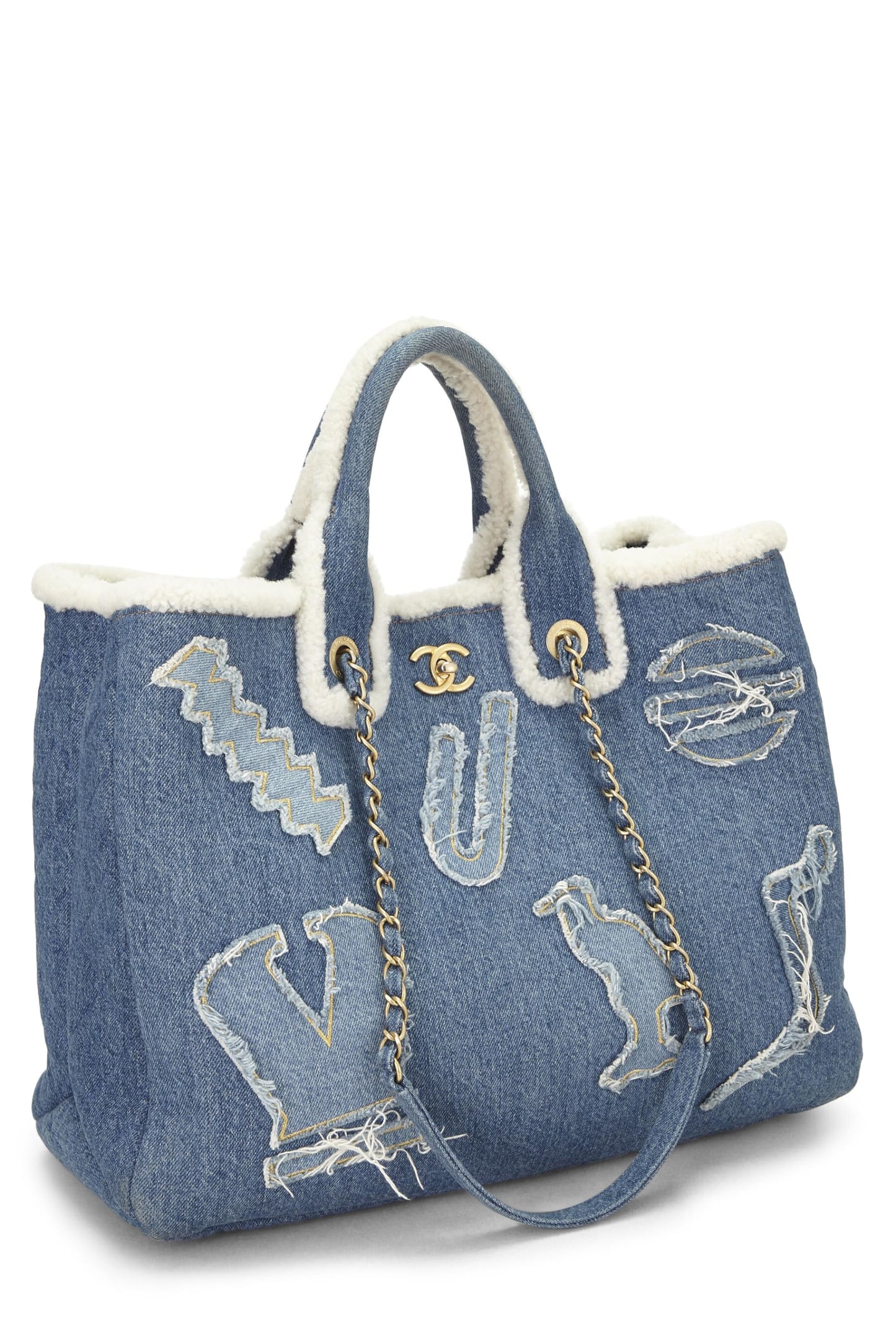 Chanel, Pre-Loved Paris-Egypt Blue Denim & Shearling Hieroglyph Shopping Tote, Blue