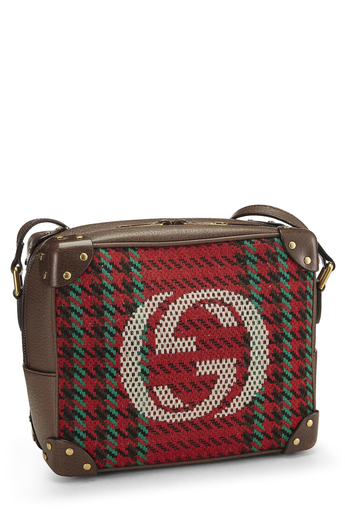 Gucci, Pre-Loved Multicolor Wool & Leather Houndstooth 'GG' Crossbody, Brown