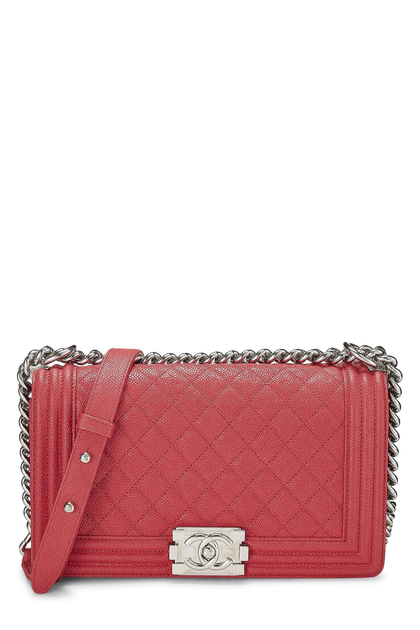 Chanel, sac Boy Caviar matelassé rouge de taille moyenne, d'occasion, rouge