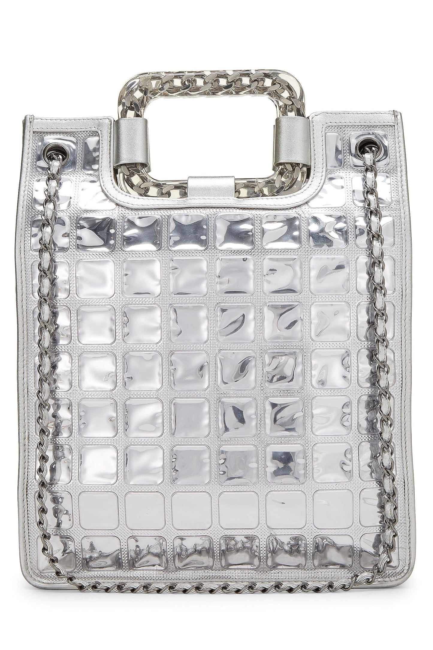 Chanel, sac cabas Ice Cube en cuir matelassé métallisé argenté d'occasion, argent