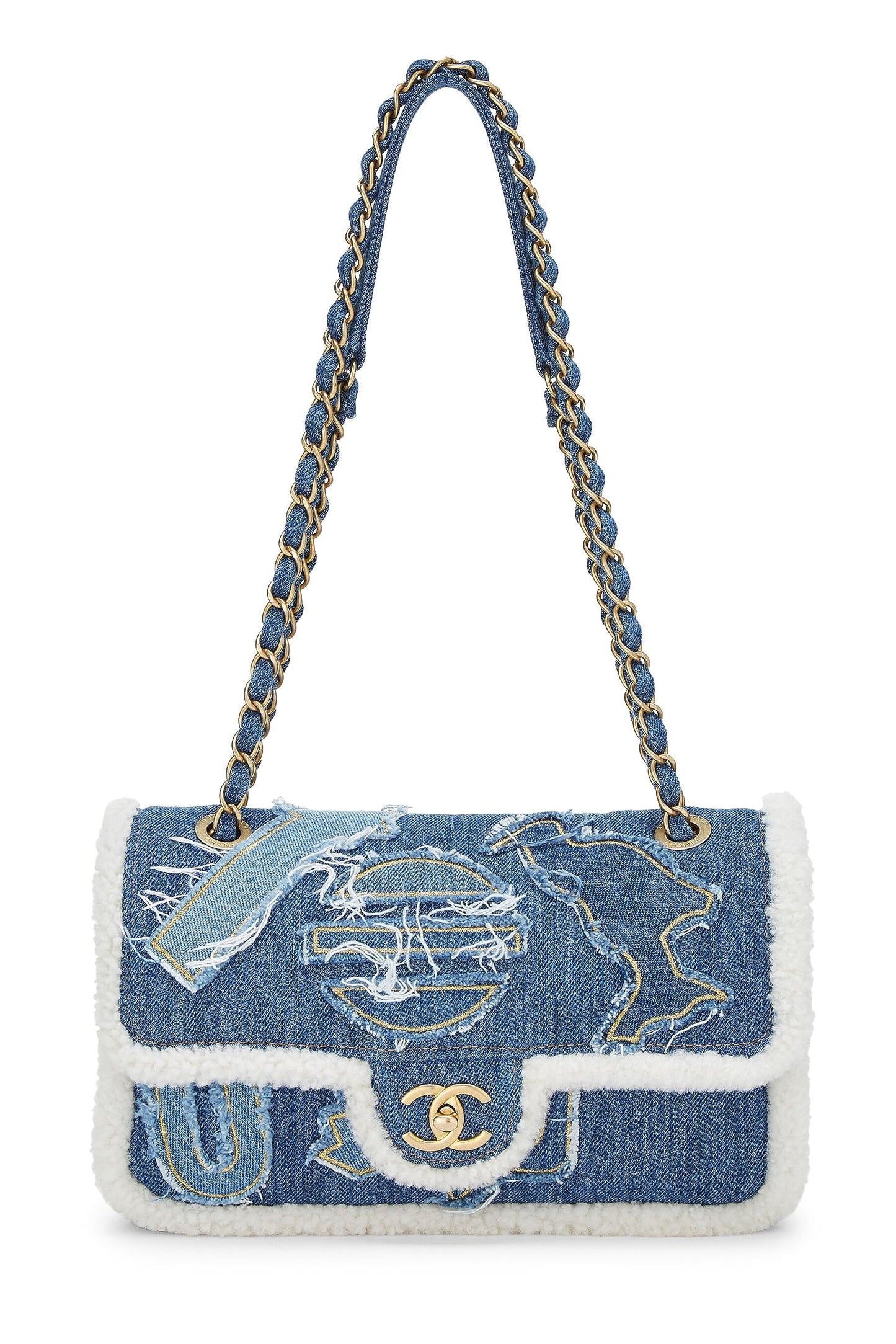 Chanel, sac à rabat hiéroglyphe Paris-Egypte en denim bleu et peau de mouton bleu d'occasion, taille moyenne, bleu