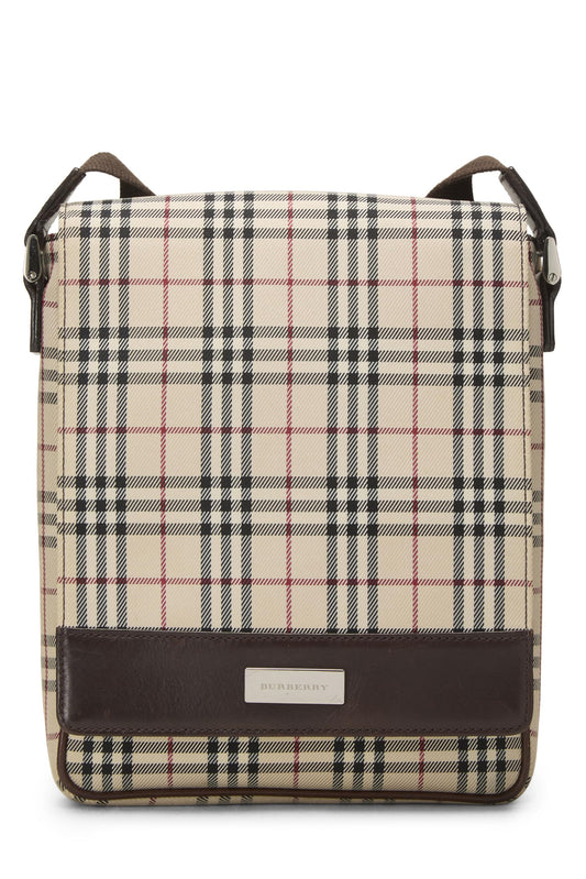 Burberry, petit sac messager à rabat en nylon marron House Check d'occasion, marron