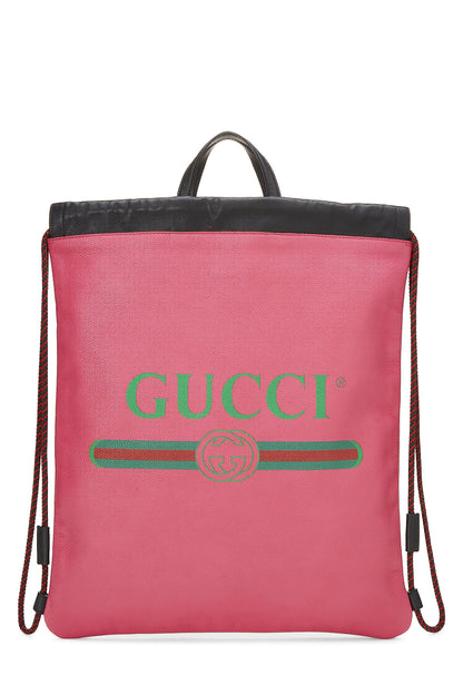 Gucci, sac à dos à cordon de serrage en cuir rose avec logo, d'occasion, rose