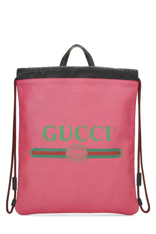 Gucci, Pre-Loved Pink Leather Logo Drawstring Backpack, Pink