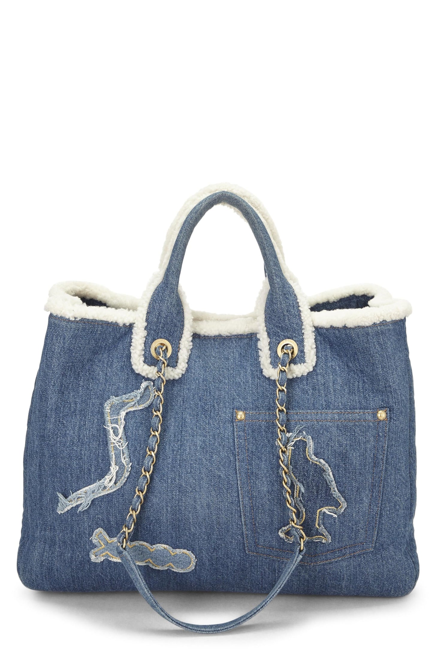 Chanel, sac cabas Hiéroglyphe Paris-Egypte en denim bleu et peau de mouton d'occasion, bleu