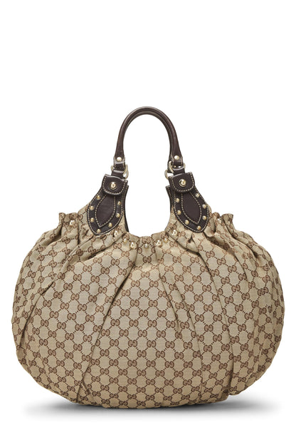 Gucci, Bolso tote Pelham grande con tachuelas de lona GG original marrón Pre-Loved, Marrón