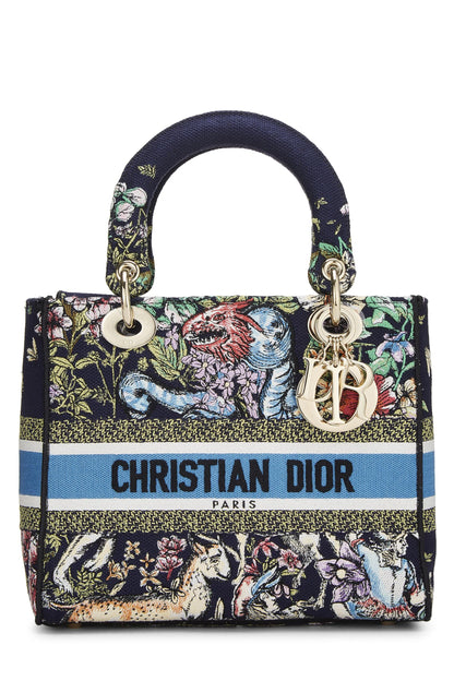 Dior, Lady D-Lite Medium en toile brodée bleu marine d'occasion, multicolore