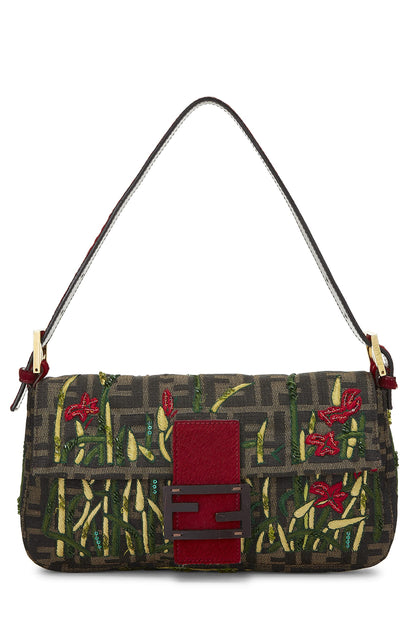 Fendi, Pre-Loved Brown Zucca Canvas Embroidered Baguette, Red