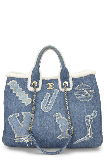 Chanel, Pre-Loved Paris-Egypt Blue Denim & Shearling Hieroglyph Shopping Tote, Blue