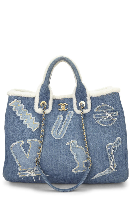 Chanel, sac cabas Hiéroglyphe Paris-Egypte en denim bleu et peau de mouton d'occasion, bleu