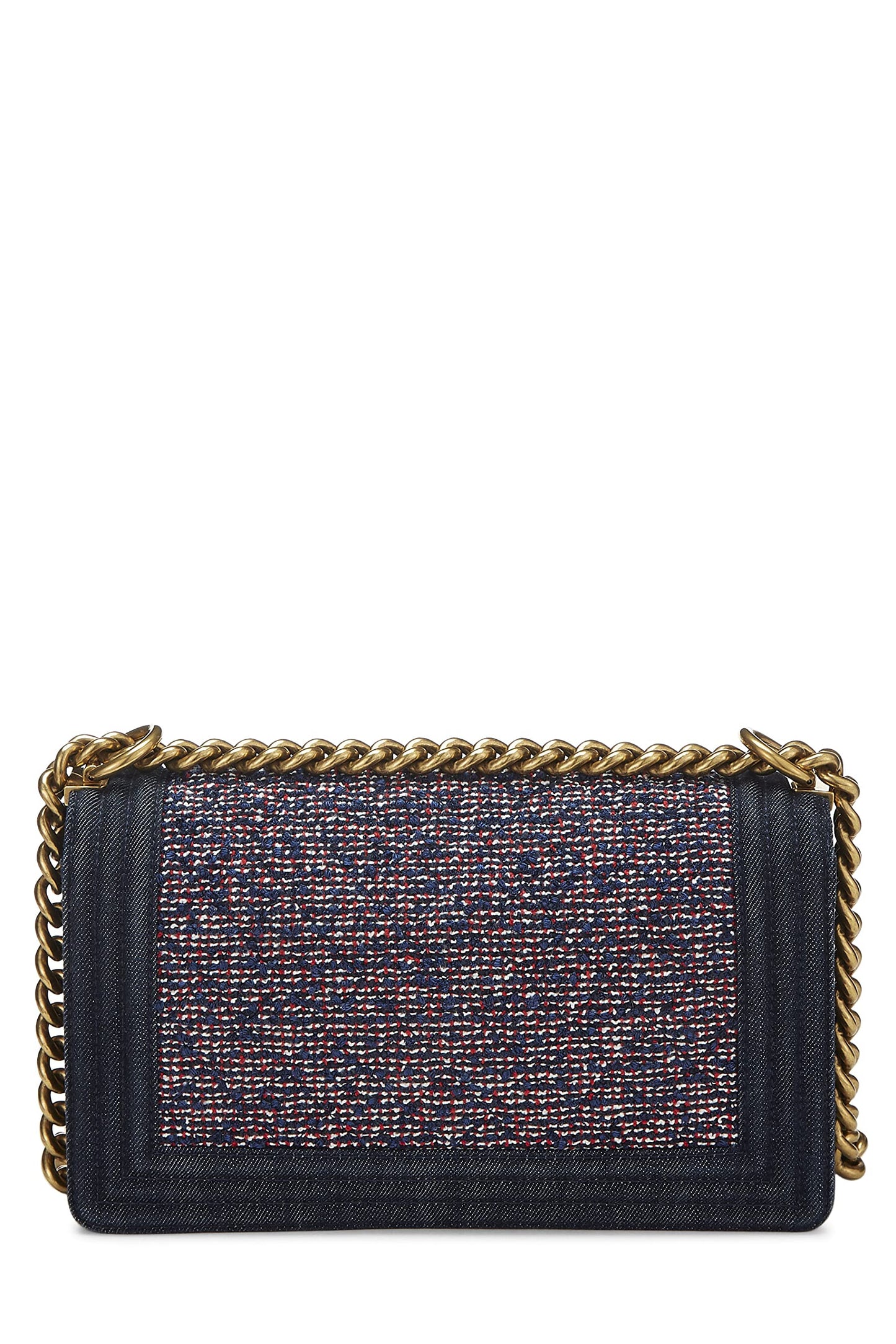 Chanel, sac Boy Bag Medium en denim bleu marine et rouge d'occasion, multicolore