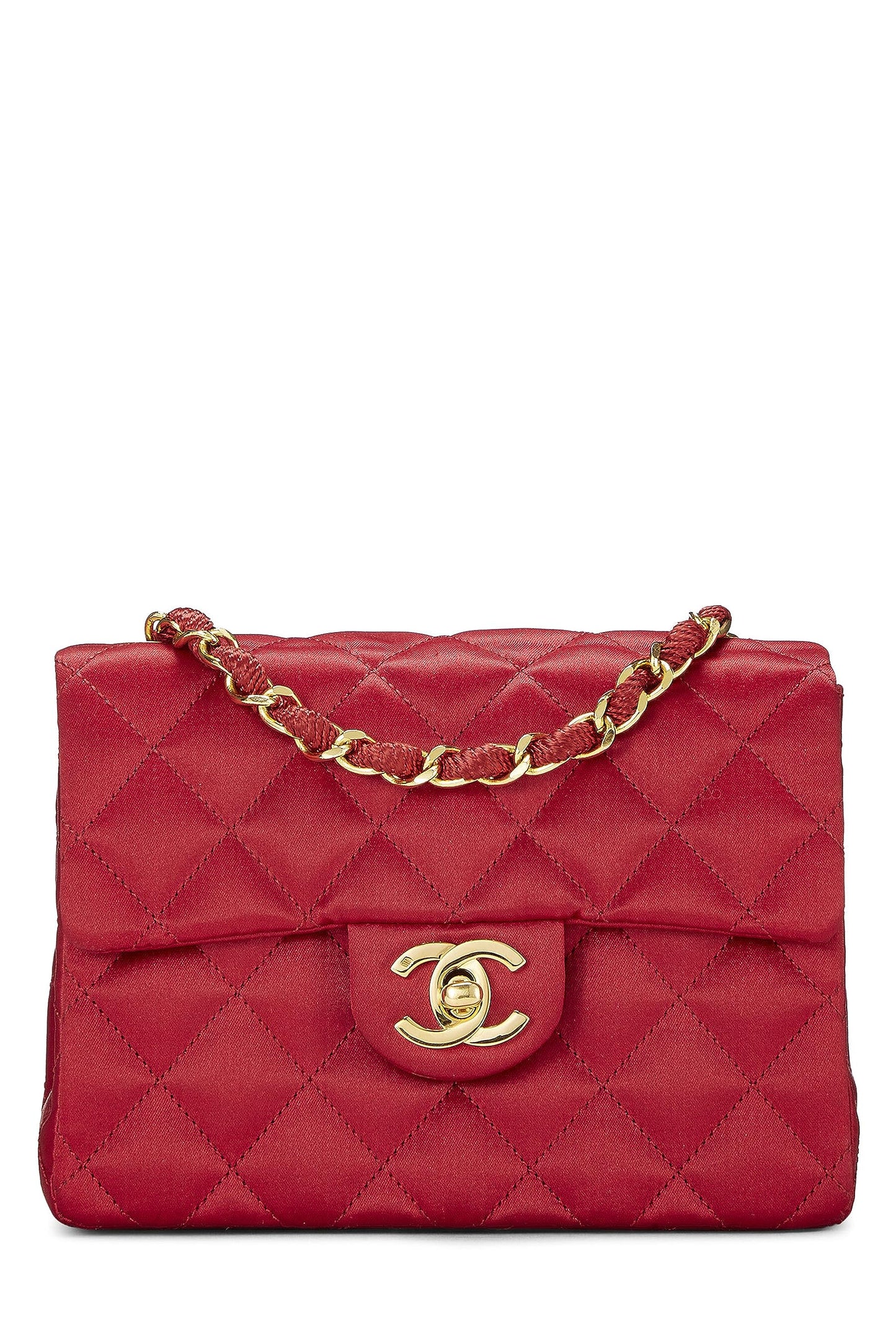 Chanel, Mini sac à rabat en satin matelassé rouge d'occasion, rouge