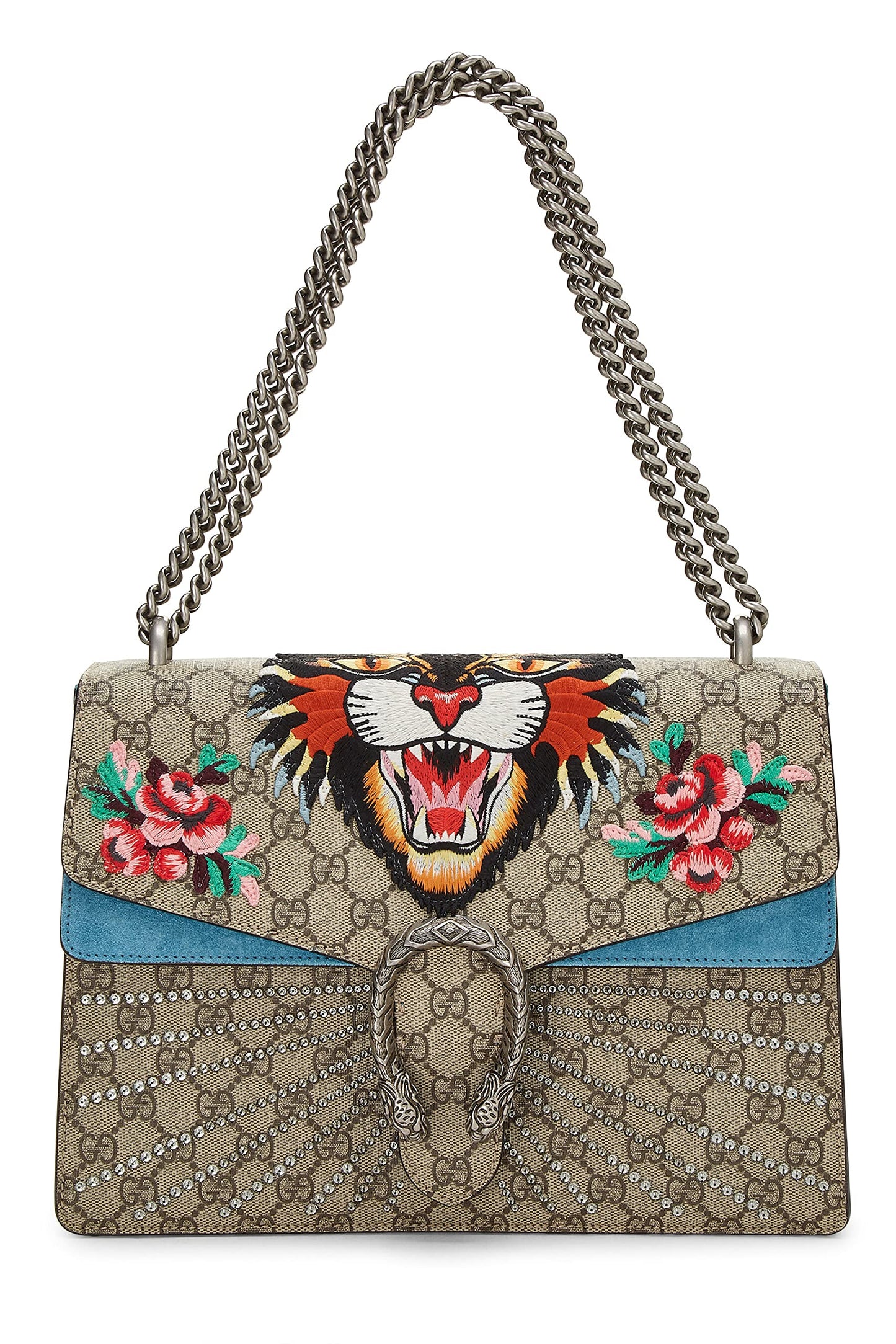 Gucci, Hombro Dionysus de tigre adornado de lona GG Supreme azul Pre-Loved mediano, Azul