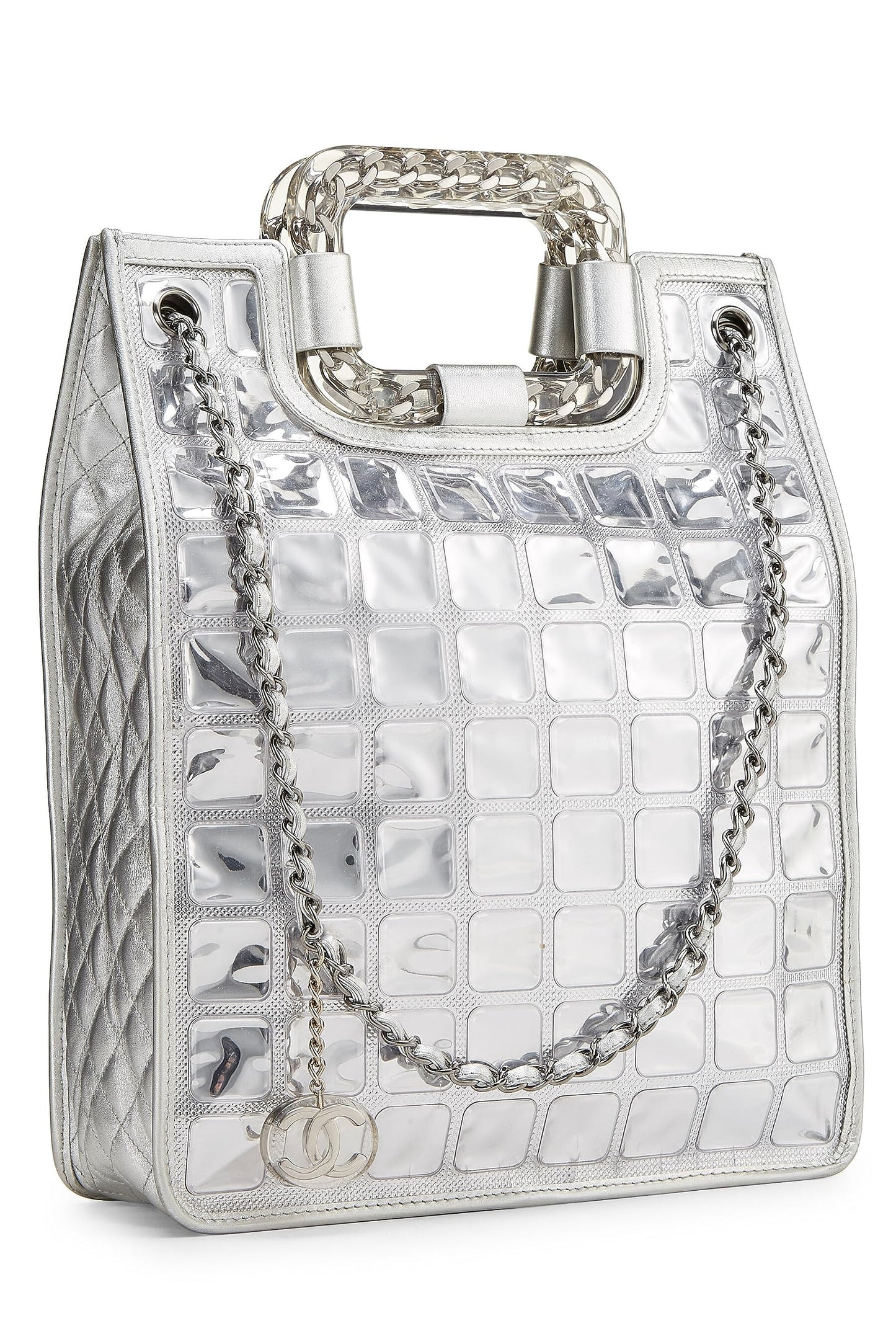 Chanel, Pre-Loved Metallic Silver Quilted Leather Ice Cube Shopping Tote, Silver