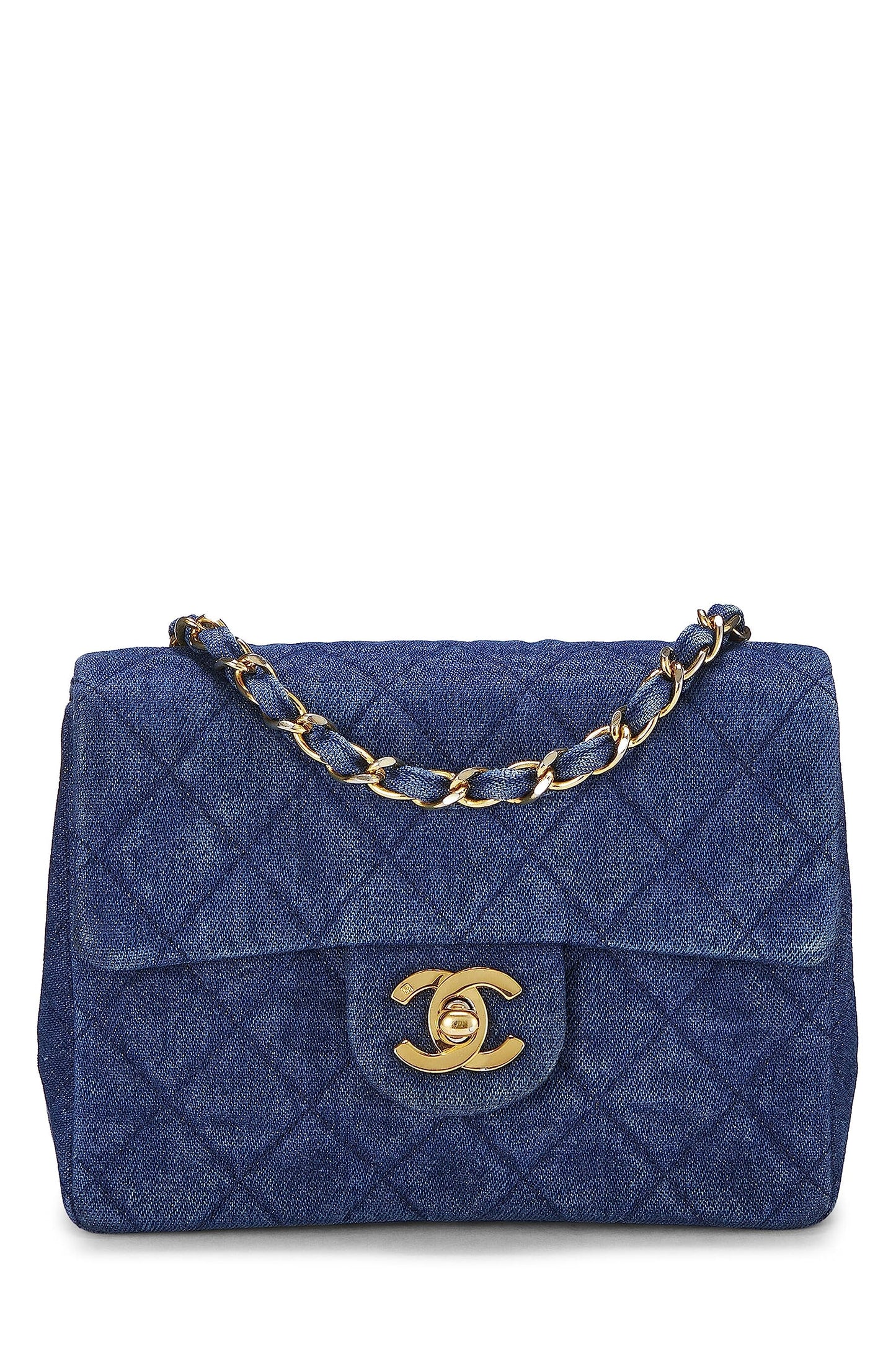 Chanel, Mini sac à rabat en denim bleu d'occasion, bleu