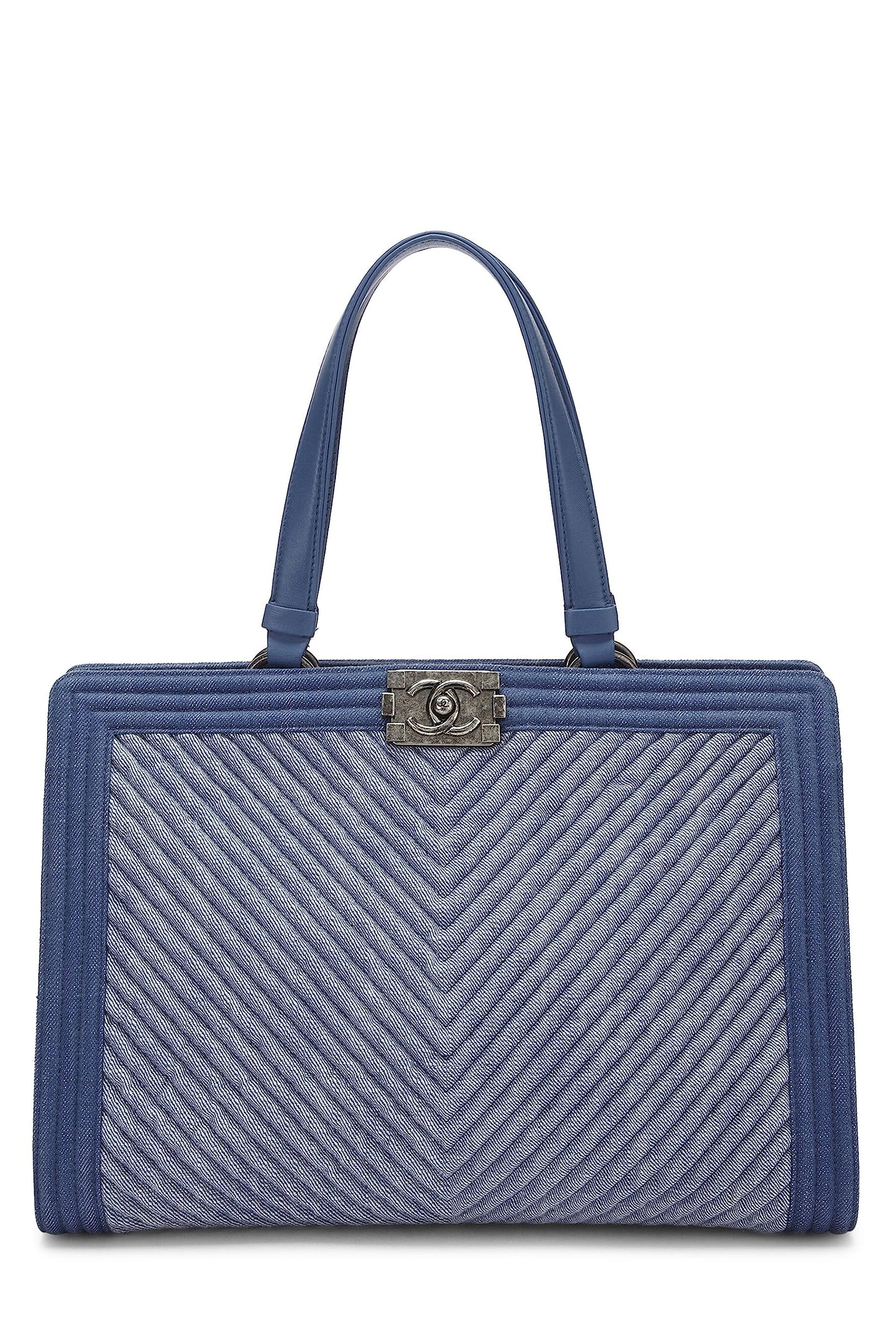 Chanel, Pre-Loved Blue Denim Chevron Boy Shopping Tote Large, Blue