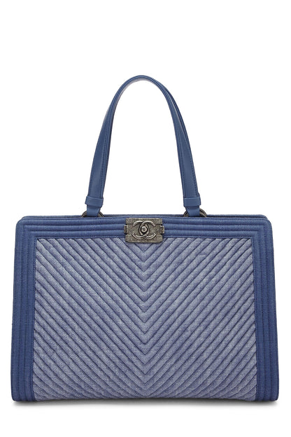 Chanel, Pre-Loved Blue Denim Chevron Boy Shopping Tote Large, Blue