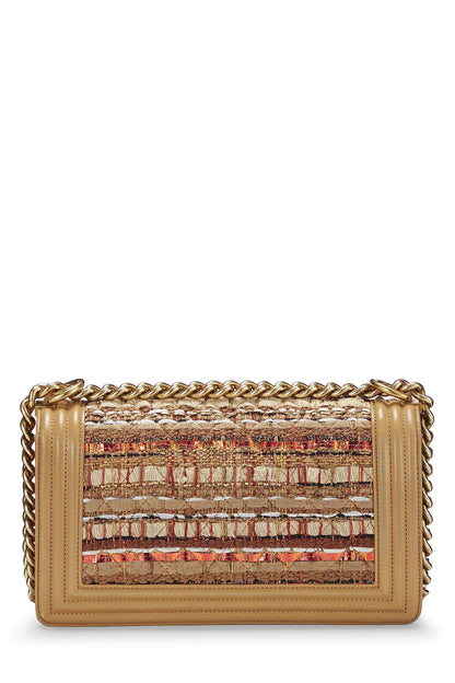 Chanel, sac Boy en tweed beige d'occasion de taille moyenne, beige