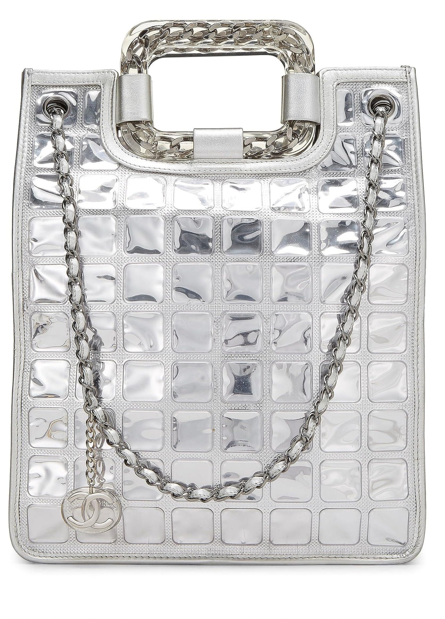 Chanel, sac cabas Ice Cube en cuir matelassé métallisé argenté d'occasion, argent