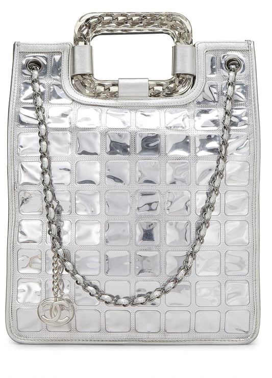 Chanel, Pre-Loved Metallic Silver Quilted Leather Ice Cube Shopping Tote, Silver