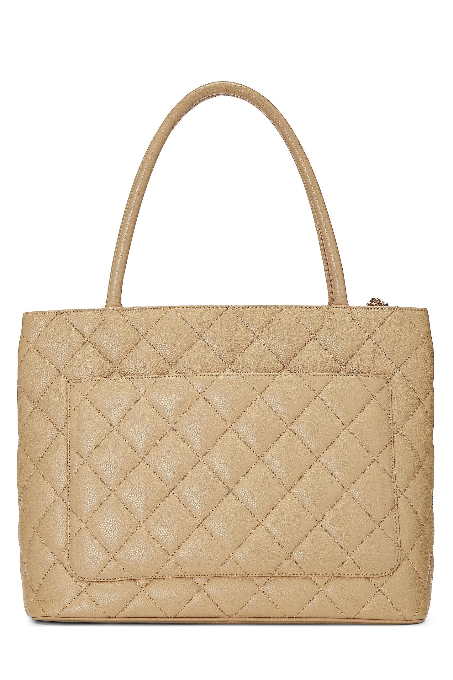 Chanel, sac fourre-tout matelassé à médaillon en caviar beige d'occasion, beige