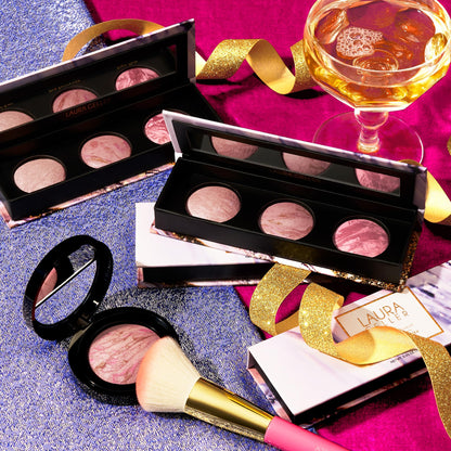 Base de maquillaje en polvo Baked Balance-n-Brighten de LAURA GELLER NEW YORK, tono dorado medio + trío de brochas Geller's Greatest + set de 5 brochas de maquillaje para rostro completo