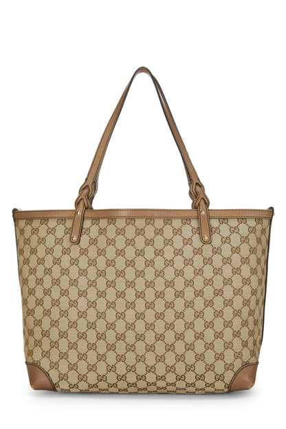 Gucci, Bolso tote artesanal de lona GG original beige Pre-Loved, Marrón