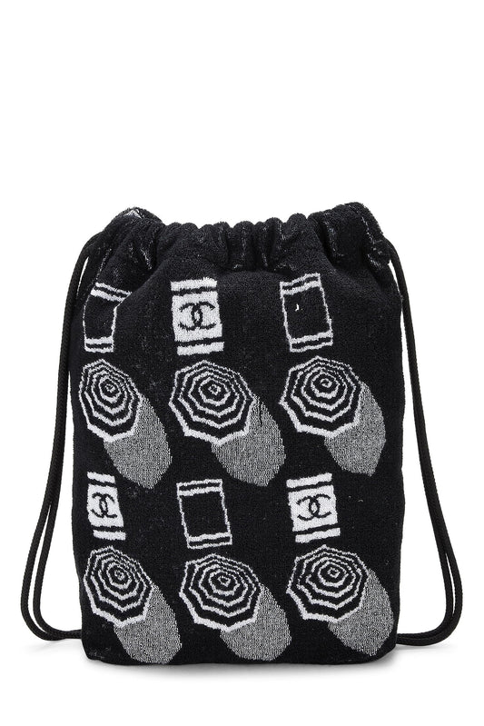 Chanel, sac à dos de plage à cordon de serrage en tissu éponge noir d'occasion, noir