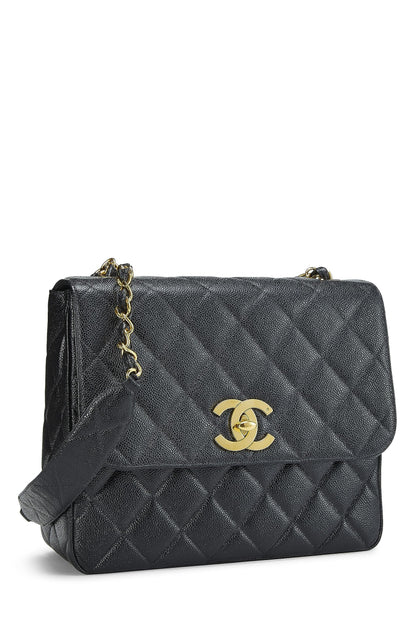 Chanel, sac à rabat carré Big CC Black Caviar d'occasion, grand modèle, noir