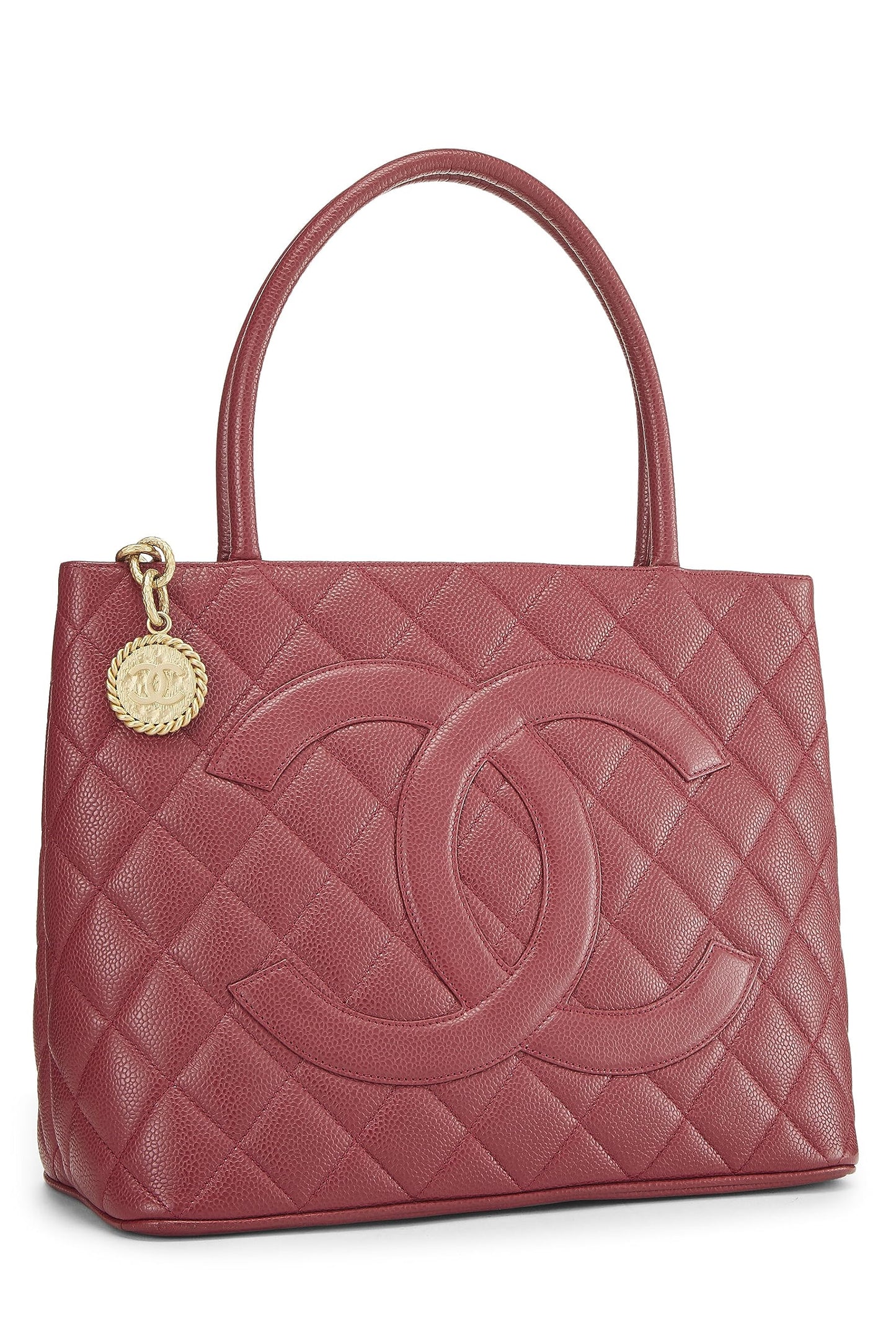 Chanel, sac fourre-tout matelassé à médaillon en caviar rose d'occasion, rose